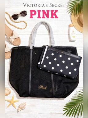 NWT Victoria's Secret PINK Mesh Tote Bag Polka Dot Pouch Set Black Oversized
